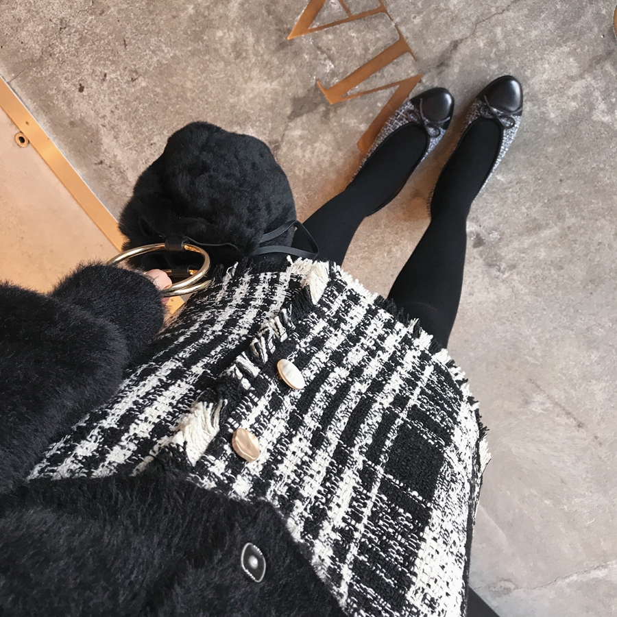 小香风法式黑色高腰中长款半身裙