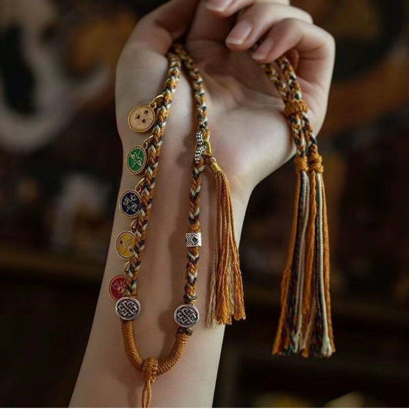 五路财神唐卡项链绳手工编织藏式天珠挂链绳手搓棉线锁骨链吊坠绳