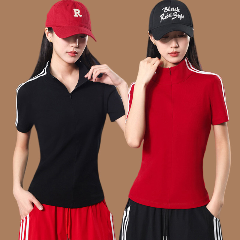 夏季新款广场舞短袖上衣棉半拉链跳舞衣服运动早操舞蹈健身操服装