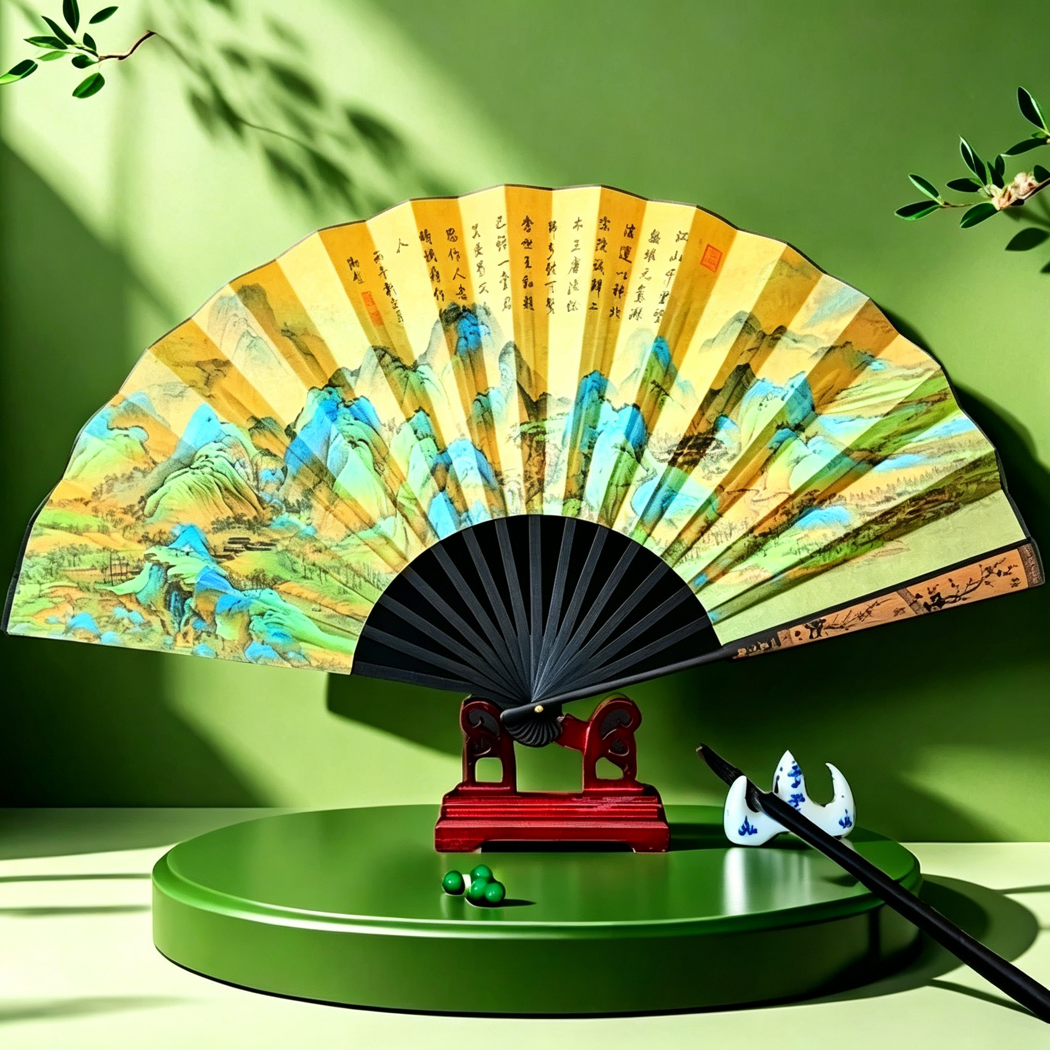 10寸千里江山图男士款古风折扇中国风夏季随身双面绢布面雕刻扇子