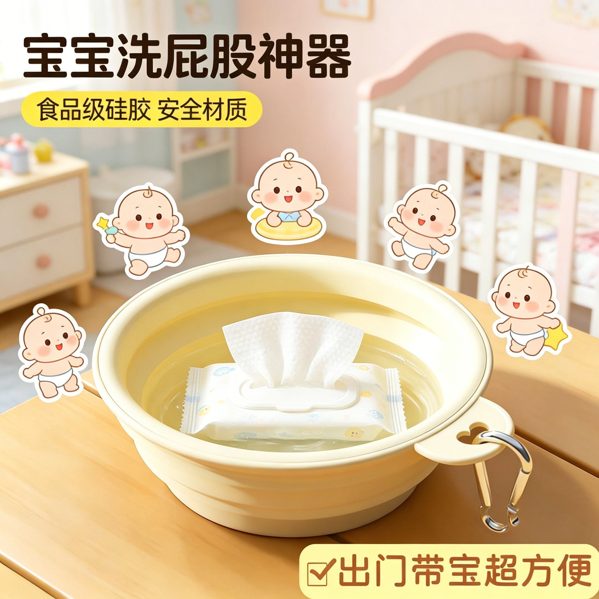 婴儿可折叠洗脸盆洗屁股硅胶盆新生宝宝盆洗脚儿童盆双层加厚脸盆