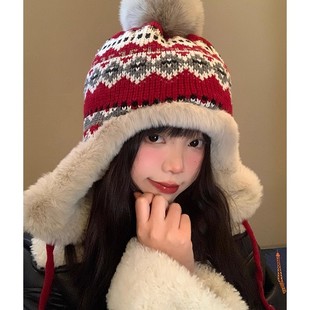 加绒加厚雷锋帽子女秋冬季 保暖护耳民族风针织毛线帽防寒东北骑车