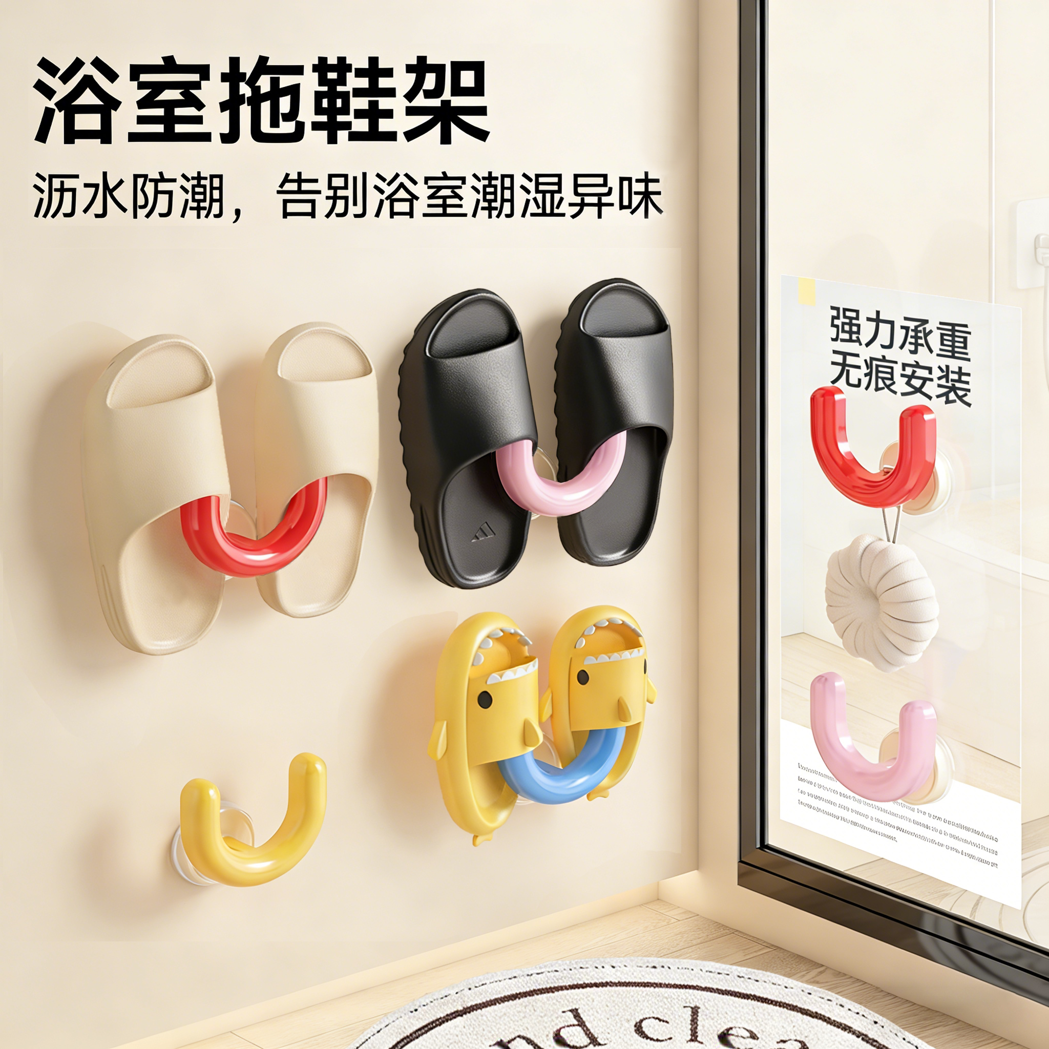 多巴胺吸盘拖鞋架浴室免打孔强力承重壁挂卫生间沥水挂架收纳挂钩