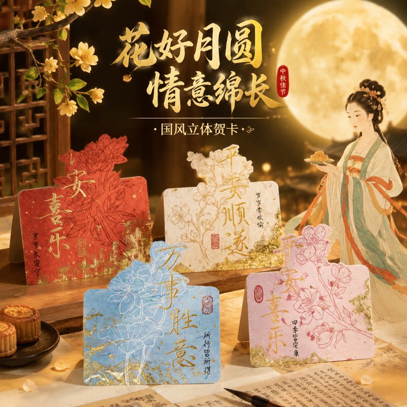 中秋节国风立体贺卡烫金新中式平安喜乐祝福卡片月饼礼盒伴手礼商务手写小卡片