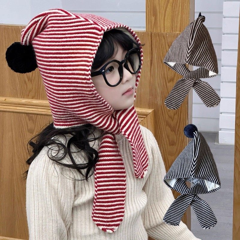 儿童帽子条纹围巾一体秋冬季毛线针织护耳帽小女孩百搭洋气包头帽,居家日用,头部防护用品,淘宝优惠券,粉丝福利购,淘宝优惠卷