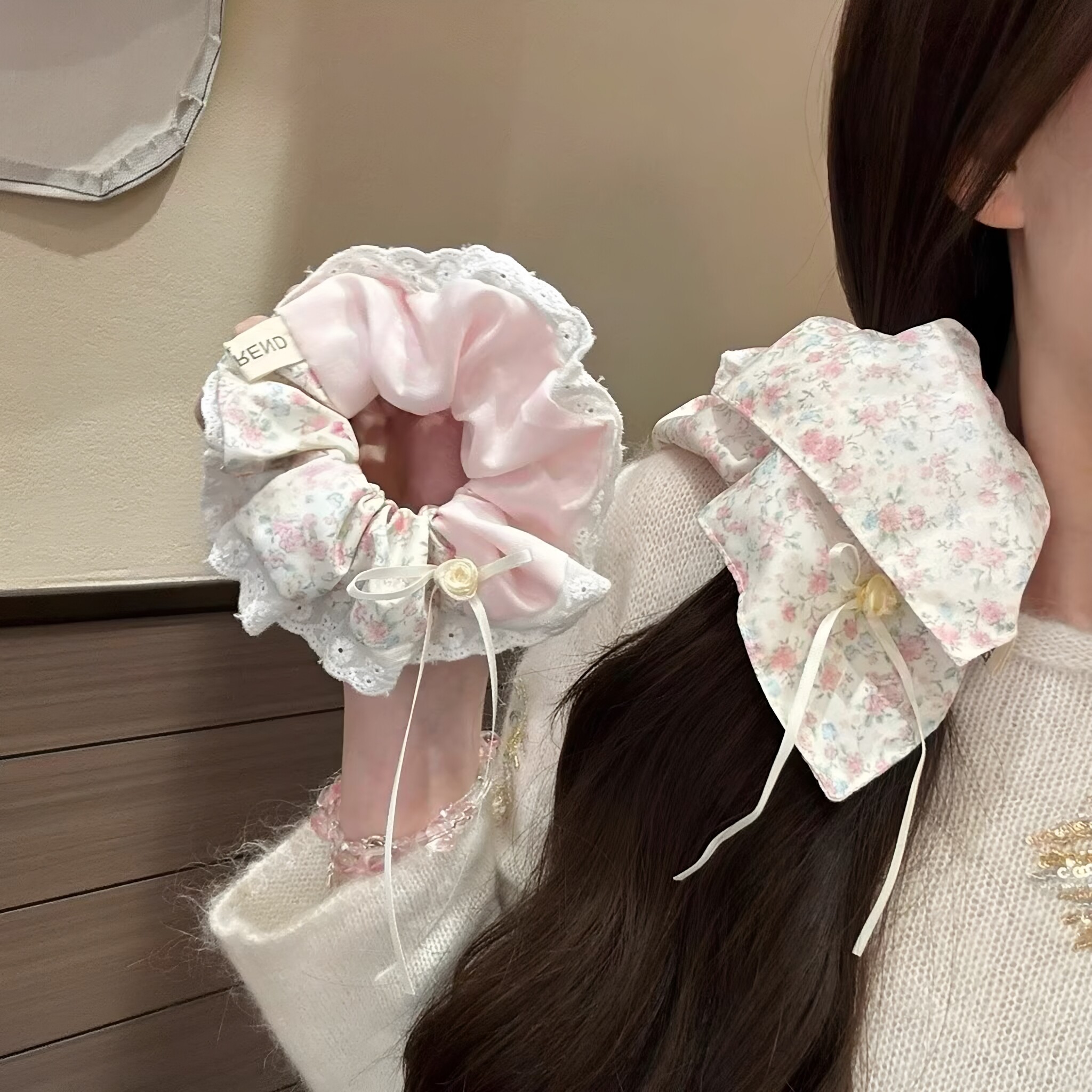 大肠发圈粉黛玫瑰樱花夏日蝴蝶结小清新碎花双拼优雅百搭发饰女饰