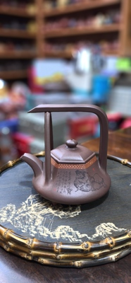 唐田紫砂精品壶六方提梁壶套壶紫砂杯杯托梅兰竹菊收藏送礼精品壶