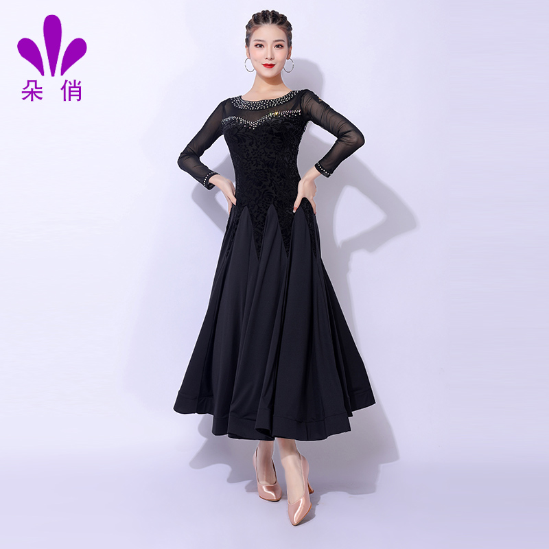 拼接烧花绒贴钻大裙摆摩登舞裙