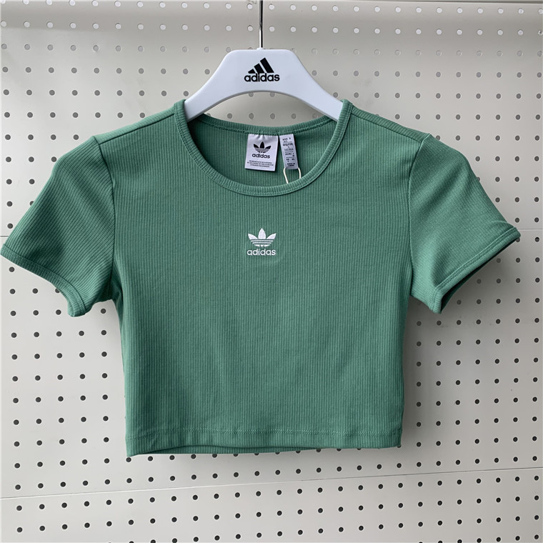 阿迪达斯三叶草短袖女夏季新款绿色短款上衣露肚脐针织T恤IY9665