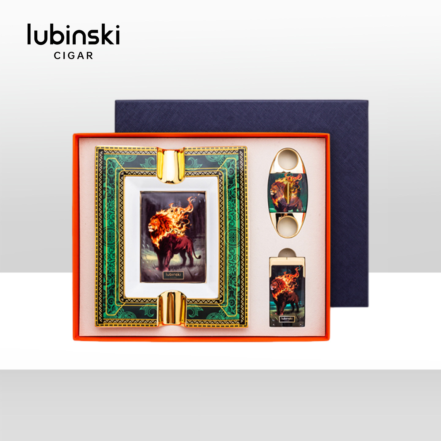 Lubinski鲁宾斯基雪茄剪打火机烟灰缸套装火狮彩绘系列三件套送礼