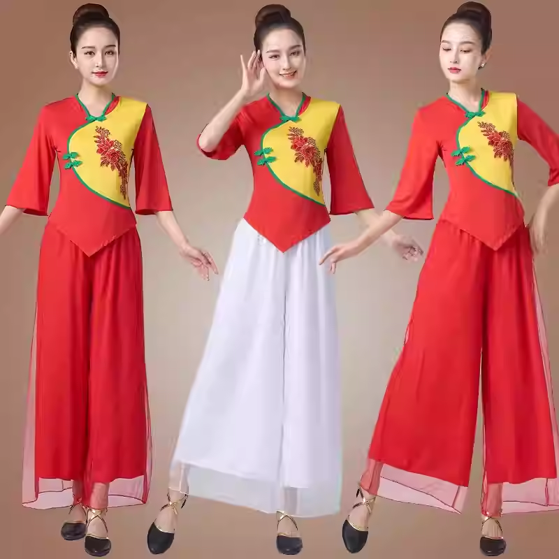 新款广场舞服装女跳扇子舞蹈服民族舞秧歌服比赛表演出服裙子套装