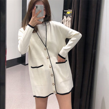 005 外套女6254 西班牙单ZA宽松珍珠纽扣中长款 小香风撞色针织开衫