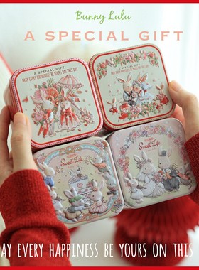 Bunny lulu红色小兔子立体浮雕小正方盒喜糖盒子创意铁盒糖果结婚