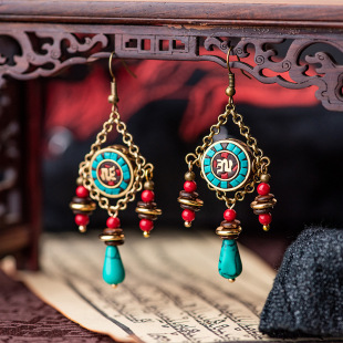 西藏藏族民族风尼泊尔珠异域耳环复古个性 百搭松石耳坠气质小众款