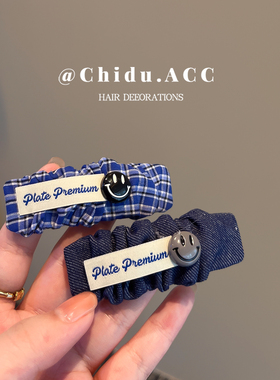 蓝色格子笑脸侧边夹发夹女韩国东大门同款发饰2024新款bb夹刘海夹