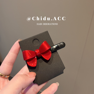 红色蝴蝶结侧边夹百搭精致碎发刘海夹2024新款醋酸发夹鸭嘴夹发饰