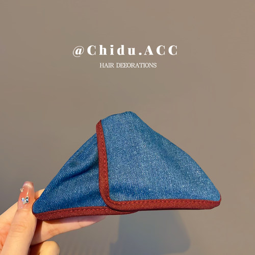2025青春洋溢气质牛仔三角鲨鱼夹撞色条边半扎发抓发夹抓夹发饰女