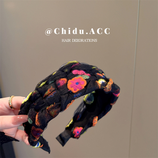 春夏刺绣花朵绢纱透气轻盈编织宽发箍头饰简约头箍发卡复古高颅顶