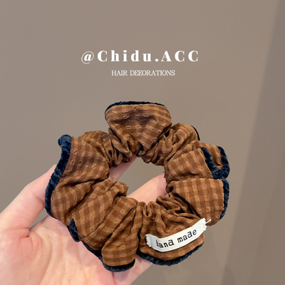 韩系新款咖色格纹发圈复古气质度假蓝色花边丸子头发绳发饰头饰
