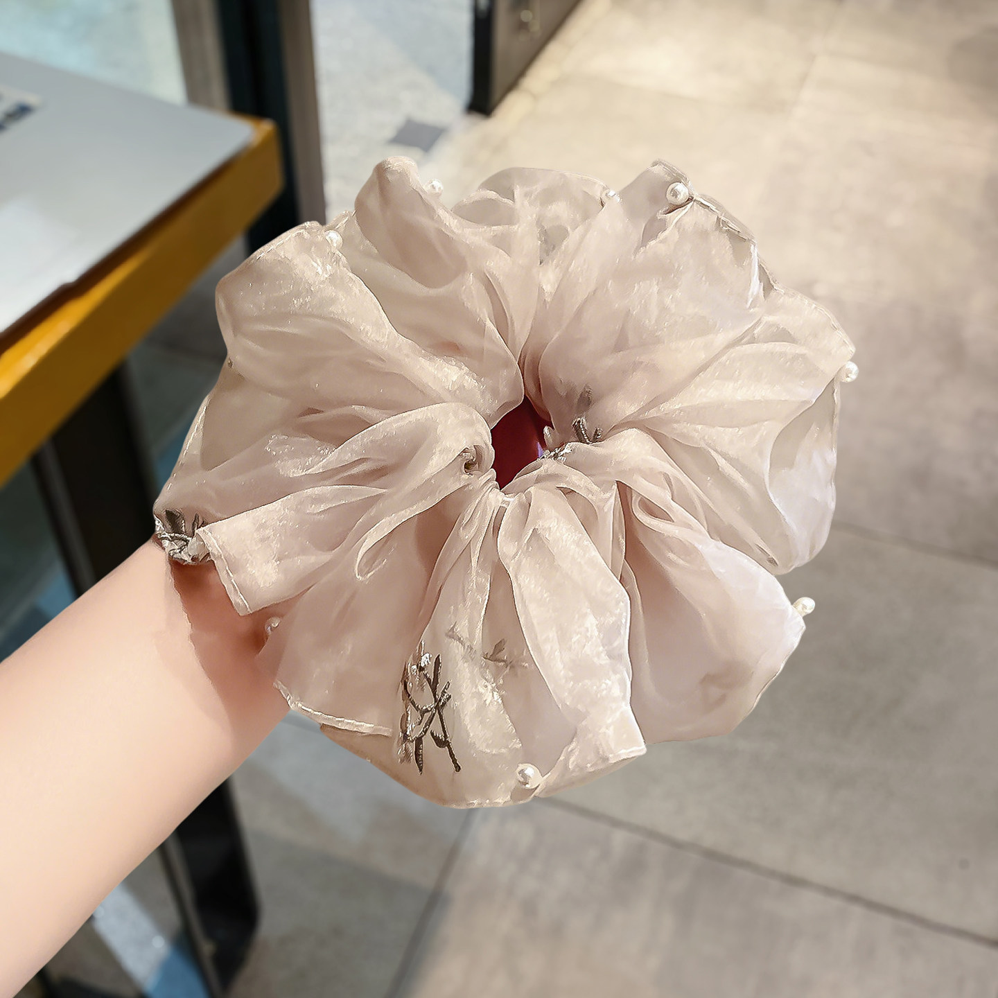 浅粉纱面刺绣花钉珠大肠发圈温柔风高级感发绳气质百搭仙气头饰女