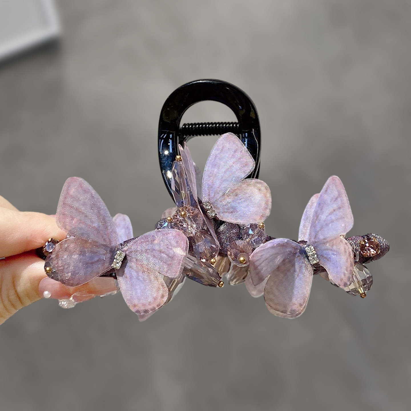 韩系香芋紫薄纱蝴蝶抓夹重工水晶闪钻鲨鱼夹子氛围感精致仙气发夹