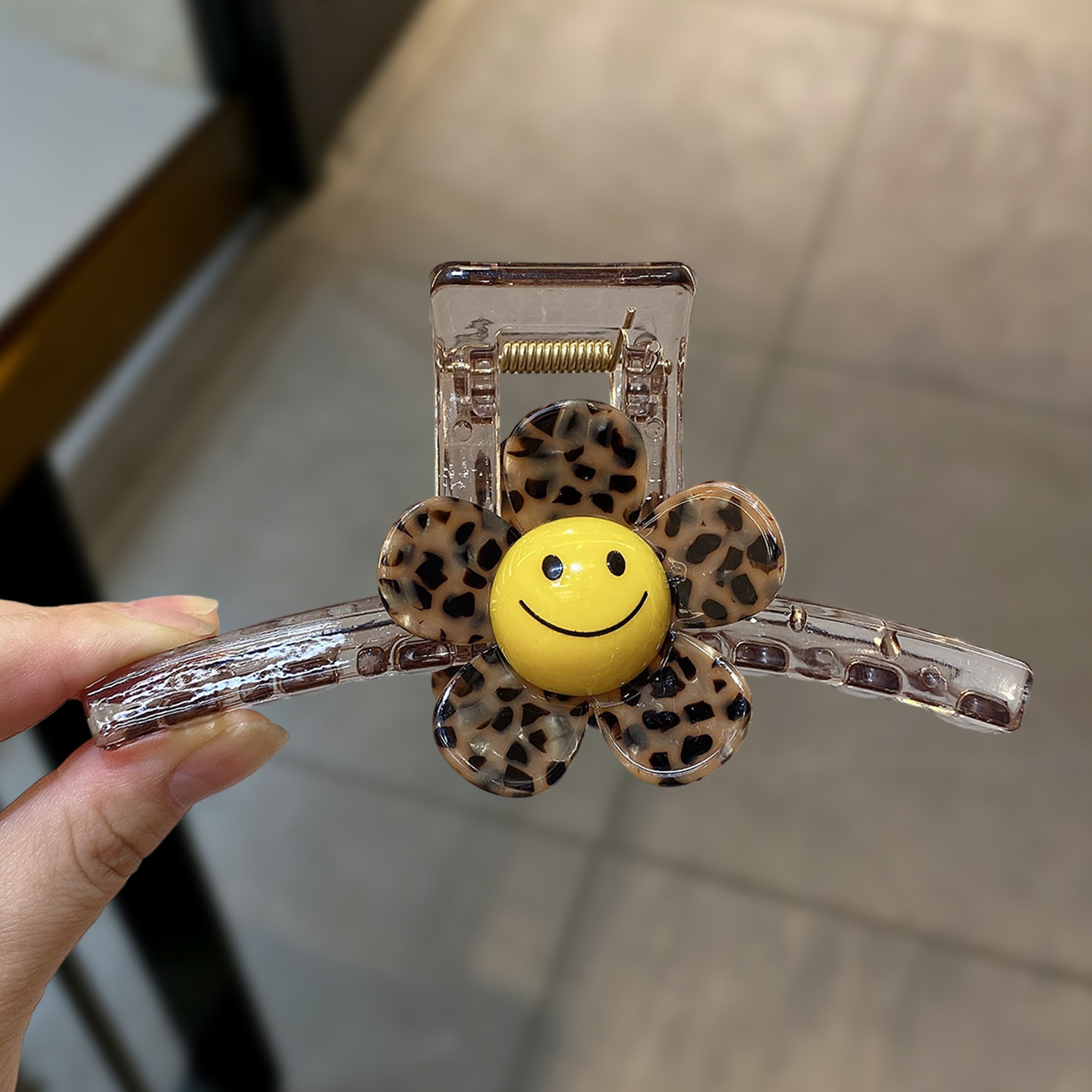 豹纹花朵笑脸一字抓夹复古透明亚克力鲨鱼夹大号盘发夹子通勤发饰