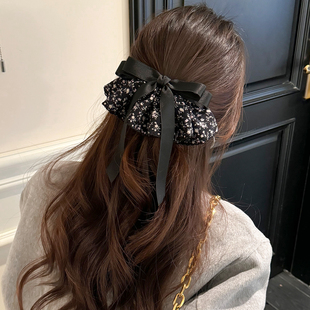 黑色优雅碎花裙摆弹簧夹发夹女显发量多时尚蝴蝶结发卡后脑勺发饰