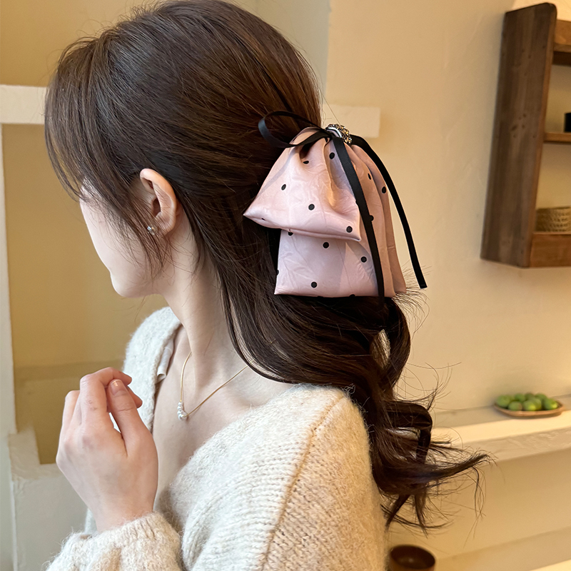 波点飘带蝴蝶结马尾夹抓夹女高级感缎面带钻发卡后脑勺半扎发夹