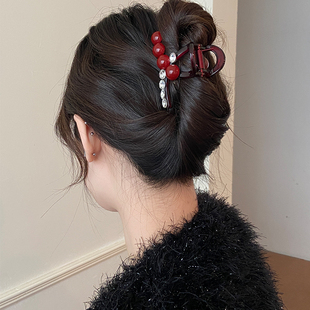 新年红色交叉抓夹中号发量少鲨鱼夹女后脑勺盘发夹子新款发卡头饰