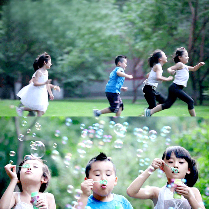 活力儿童小孩子快乐玩耍奔跑吹泡泡开心嬉戏童年儿童实拍视频素材