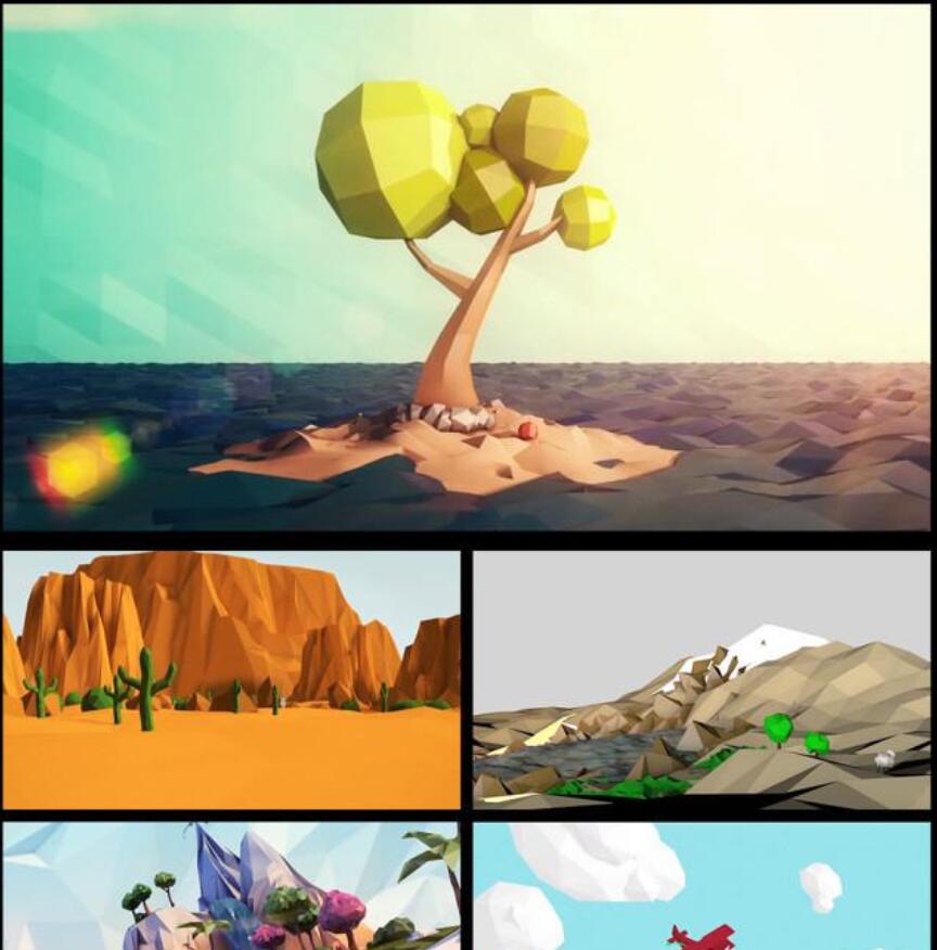 高清创意多边形立体森林草地动物cg视频 雪山沙漠鲜花卡通cg素材