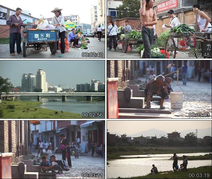 福建农村城市生活岸边洗衣瓜果蔬菜担水烧烤烟花高清实拍视频素材
