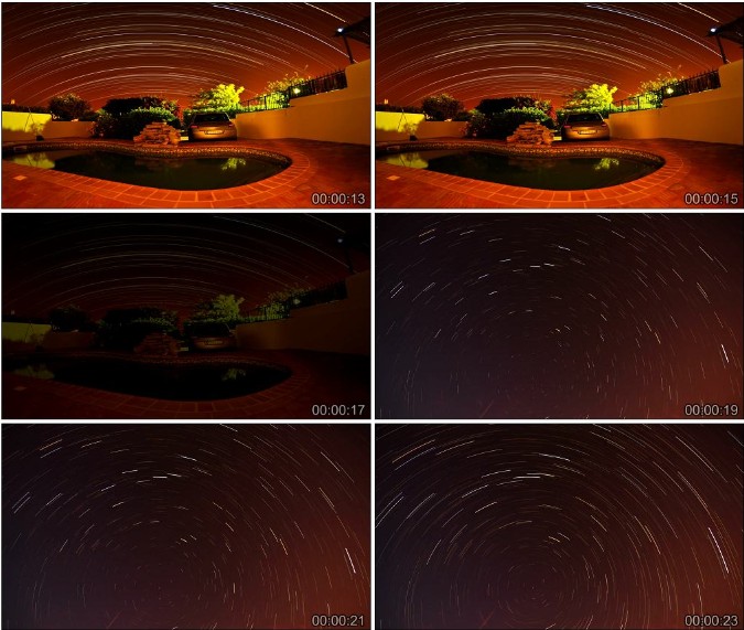 高清实拍视频素材天空中的流星雨缓缓划过车假山泳池树