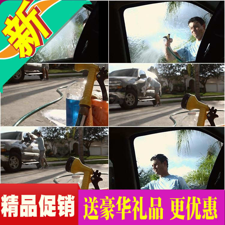 外国小伙子玻璃窗前洗车 毛巾擦拭车身 影视广告后期制作视频素材