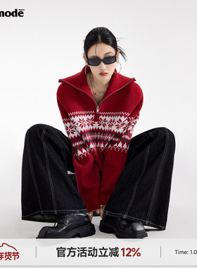 ICH MODE 美式费尔岛半拉链套头红色毛衣女秋冬季圣诞针织衫外套