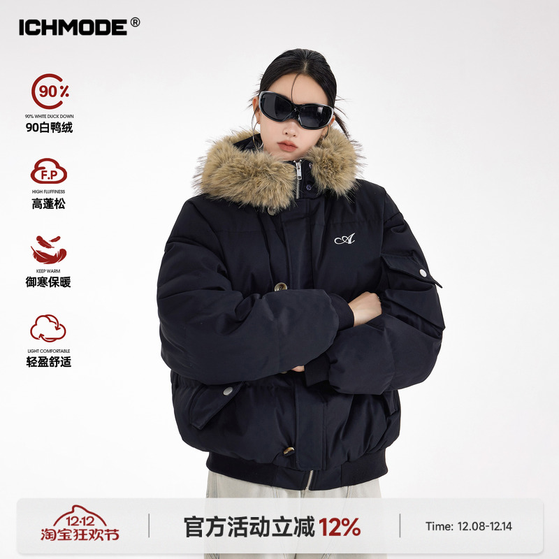 美式90白鸭绒毛领连帽羽绒服女