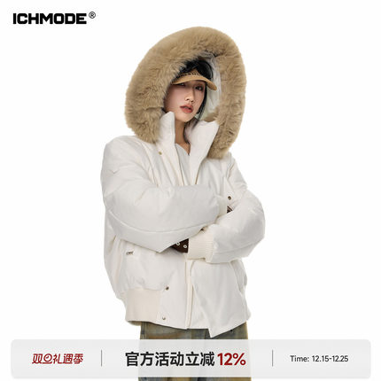 ICH MODE 美式短款毛领棉衣棉服女新款冬季连帽保暖棉袄加厚外套
