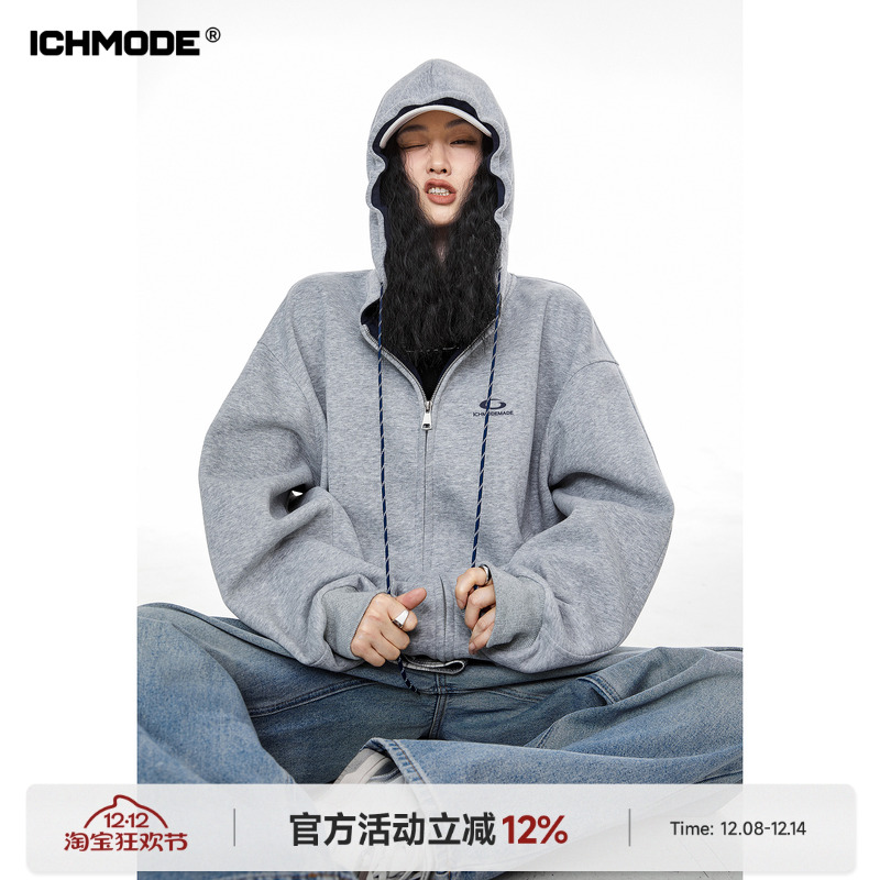 ICH MODE 美式复古拼色连帽外套女秋冬开衫卫衣宽松休闲上衣