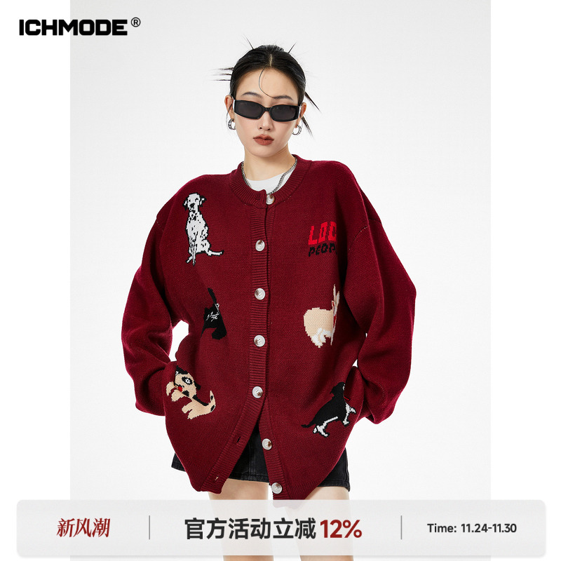 ICH MODE 美式红色针织开衫女秋冬2025新款毛衣外套上衣慵懒风