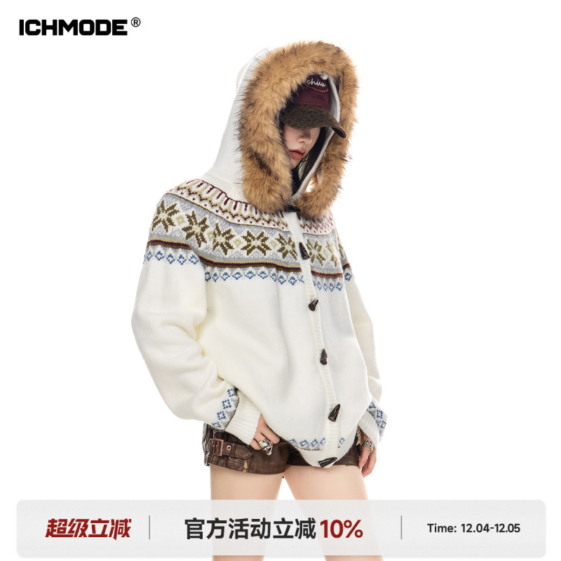 美式费尔岛毛领连帽开衫毛衣女