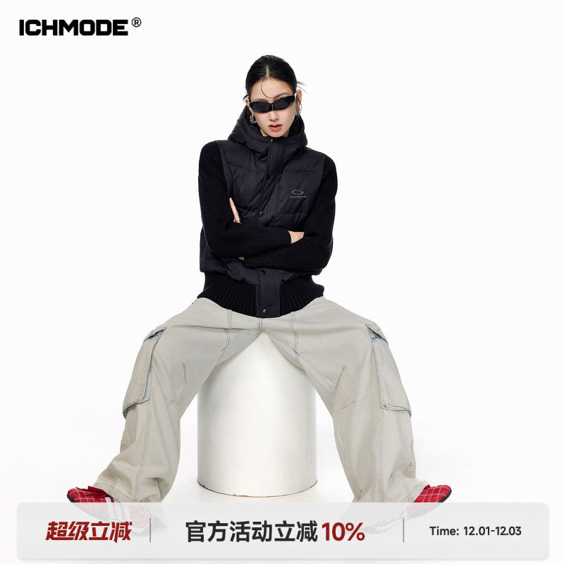 ICH MODE 美式复古假两件短款棉服外套女秋冬季修身连帽棉衣上衣