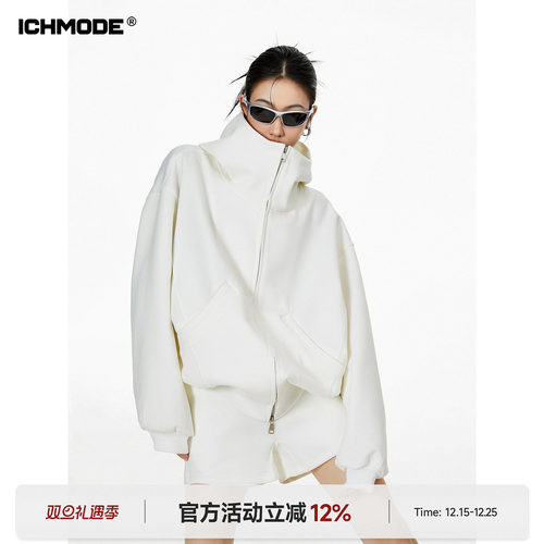 ICHMODE 美式空气层开衫外套女春季宽松高领廓形连帽拉链卫衣上衣