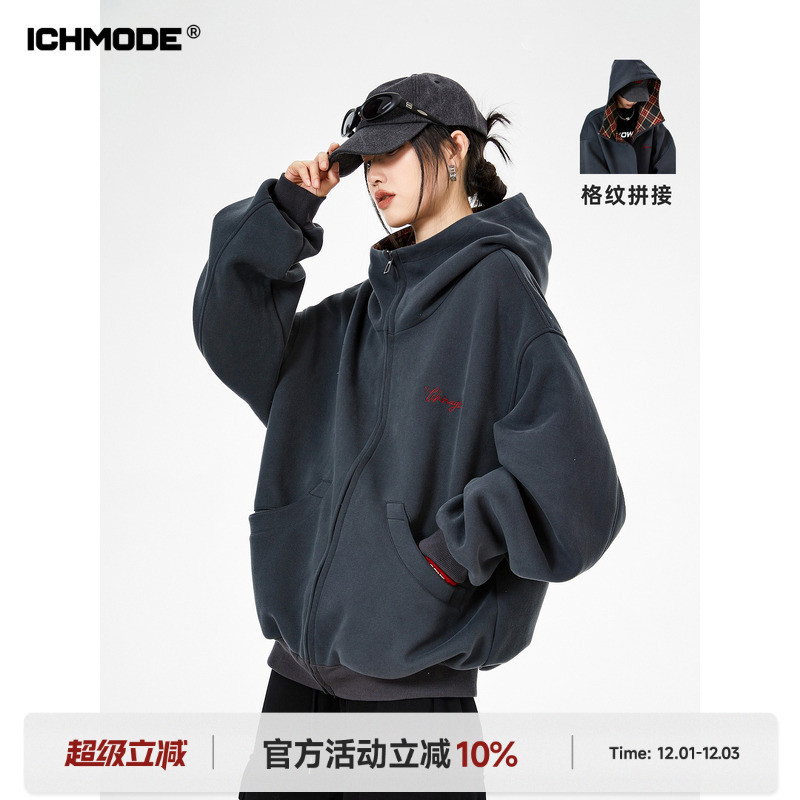 美式拼接新款连帽开衫卫衣女