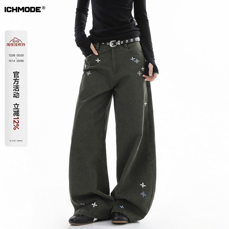 ICH MODE 美式复古刺绣纱卡休闲裤女宽松直筒裤弯刀阔腿裤运动裤