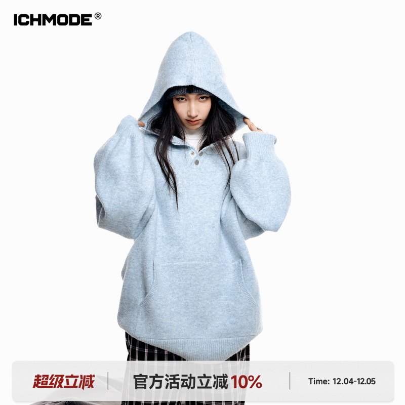 美式连帽毛衣女宽松针织衫外套