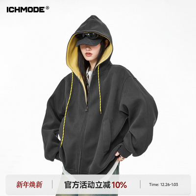 美式加绒连帽外套宽松卫衣开衫