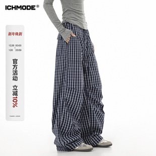女夏季 宽松直筒阔腿休闲工装 裤 ICHMODE 伞裤 蓝色格子裤 运动裤 美式