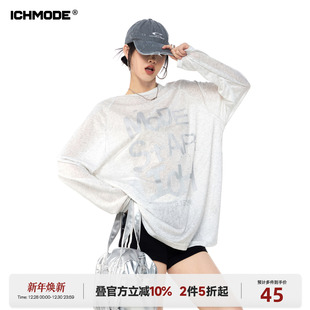 复古宽松长袖 美式 T恤女2026春夏季 物理防晒罩衫 上衣 ICH 薄款 MODE