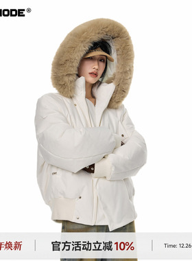ICH MODE 美式短款毛领棉衣棉服女新款冬季连帽保暖棉袄加厚外套