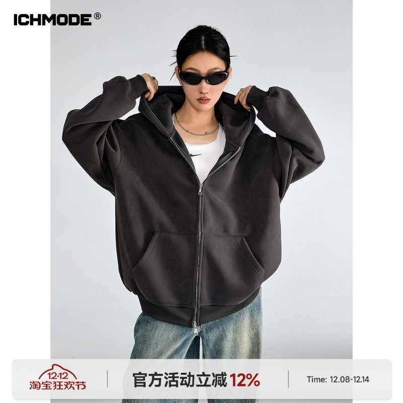 ICH MODE美式复古连帽深灰色卫衣外套女春季新款宽松拉链开衫上衣